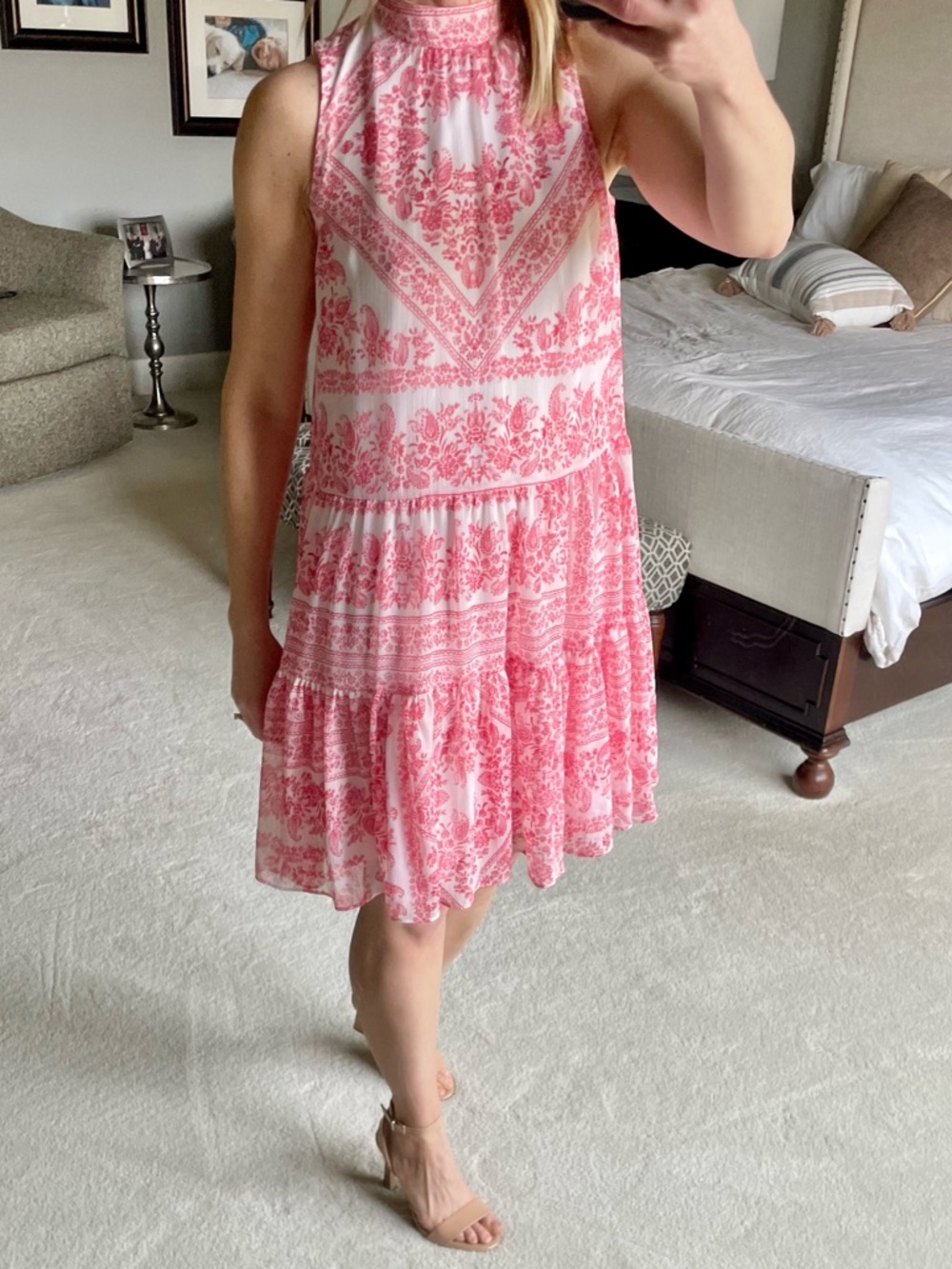 Paisley Pink/White Mock Neck Sleeveless Flowy Dress | Calvin Klein | Size 2 - Picture 2 of 13
